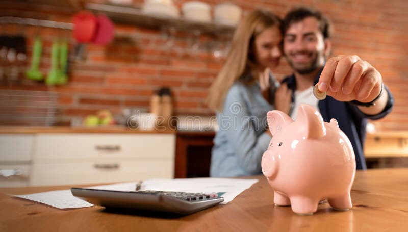 Ευτυχές ζεύγος που παρεμβάλλει το νόμισμα στο piggybank στοκ εικόνες με δικαίωμα ελεύθερης χρήσης