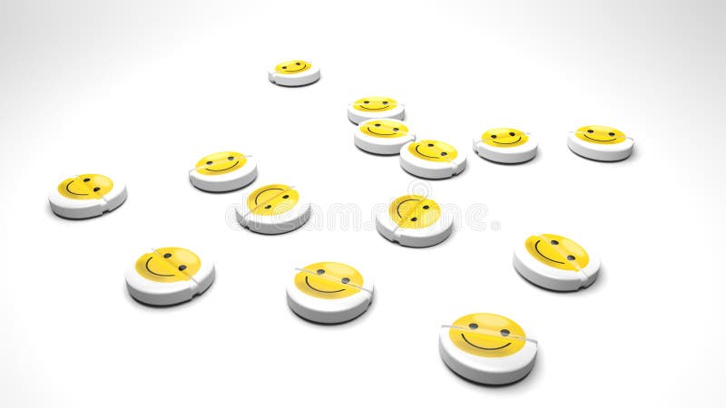 Happy drugs, tablets that cure sadness and bad mood - white round pills with a small yellow smiley emoticon symbolize a drug that does not exist but everybody wants: happy pills without side effects. Happy drugs, tablets that cure sadness and bad mood - white round pills with a small yellow smiley emoticon symbolize a drug that does not exist but everybody wants: happy pills without side effects.