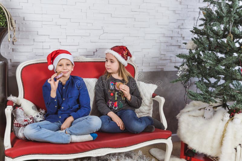 Ευτυχή χαριτωμένα παιδάκια στα καπέλα Santa που τρώνε τα εύγευστα μπισκότα στο σπίτι στοκ εικόνες με δικαίωμα ελεύθερης χρήσης Ευτυχή χαριτωμένα παιδάκια στα καπέλα Santa που τρώνε τα εύγευστα μπισκότα στο σπίτι στοκ εικόνες με δικαίωμα ελεύθερης χρήσης