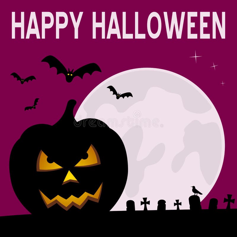 Happy Halloween night card with the moon, bats flying, a spooky graveyard and a pumpkin. Eps file available. Happy Halloween night card with the moon, bats flying, a spooky graveyard and a pumpkin. Eps file available.