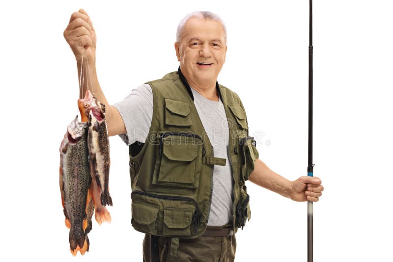Ευτυχής ώριμος ψαράς με μια φρέσκια ράβδο σύλληψης και αλιείας στοκ φωτογραφία Ευτυχής ώριμος ψαράς με μια φρέσκια ράβδο σύλληψης και αλιείας στοκ φωτογραφία