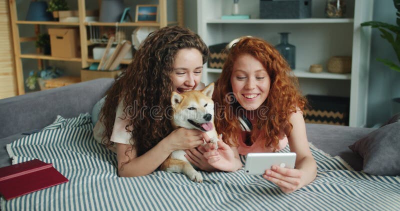 Ευτυχείς φίλοι που παίρνουν selfie με το λατρευτό κουτάβι που βρίσκεται στον καναπέ που χρησιμοποιεί το smartphone