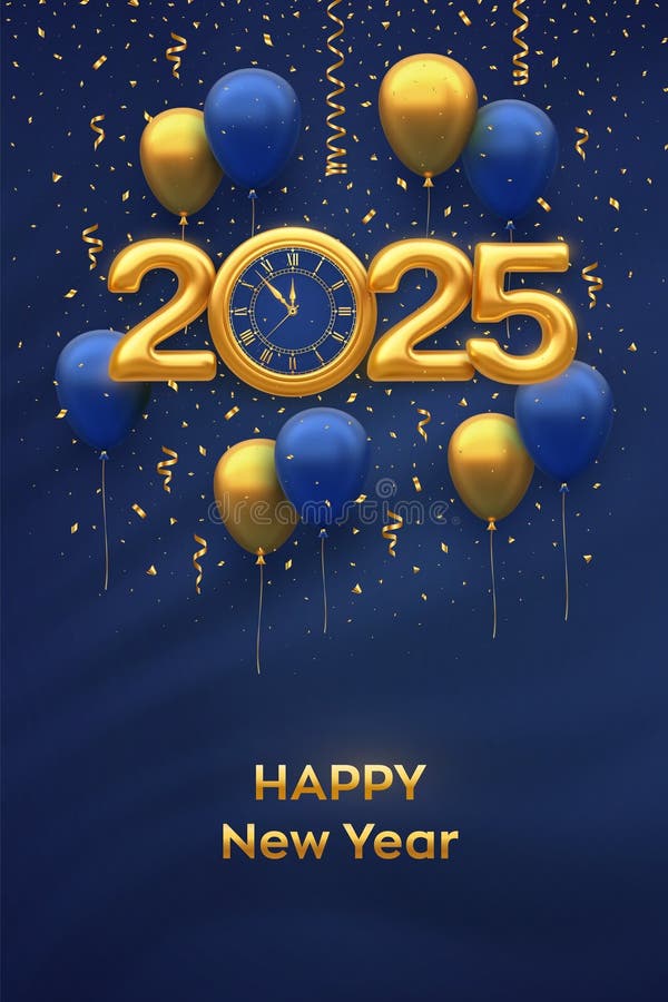 ευτυχισμένο νέο έτος 2025. χρυσός μεταλλικός αριθμός 2025. χρυσό ρολόι αντίστροφη μέτρηση μέχρι τα μεσάνυχτα. φευκταία μπαλόνια ηλ διανυσματική απεικόνιση
