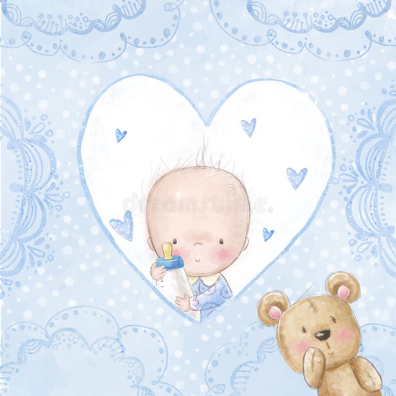 Ευχετήρια κάρτα ντους μωρών Αγοράκι με το teddy, υπόβαθρο αγάπης για τα παιδιά Πρόσκληση βαπτίσματος Νεογέννητο σχέδιο καρτών ελεύθερη απεικόνιση δικαιώματος