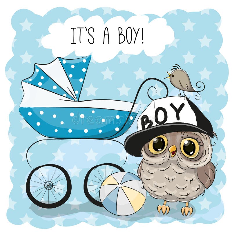 Greeting card its a boy with baby carriage and Cute Owl. Greeting card its a boy with baby carriage and Cute Owl