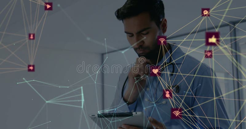 Εφέ κίνησης υδρόγειου κύτους με συνδέσεις με εικονίδια πάνω από άνδρα γιατρό με δισκίο απόθεμα βίντεο
