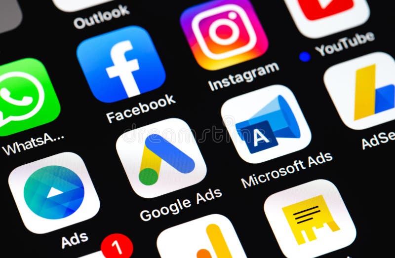 Mobile icon app. Microsoft Ads, Google Ads AdWords icons app on the screen smartphone closeup. Services of contextual, basically, search advertising. Moscow, Russia - August 15, 2020. Mobile icon app. Microsoft Ads, Google Ads AdWords icons app on the screen smartphone closeup. Services of contextual, basically, search advertising. Moscow, Russia - August 15, 2020