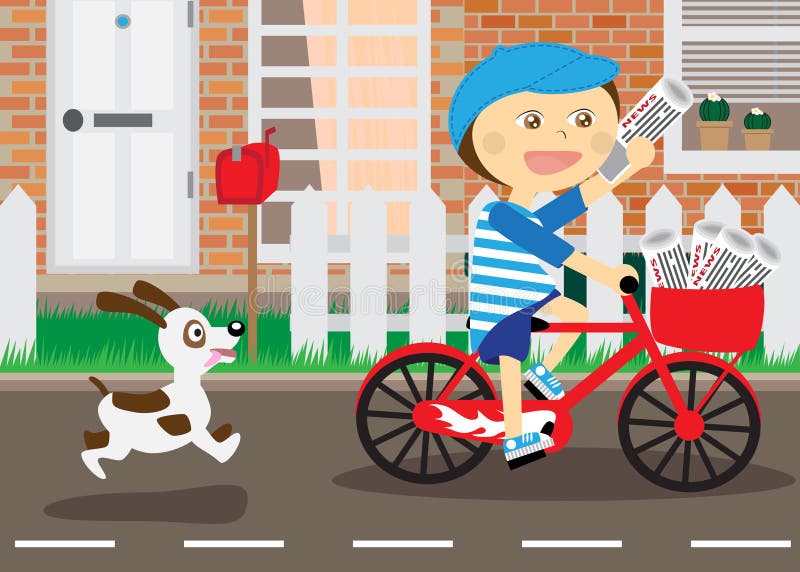 Boy on bicycle, messenger of newspapers, Running dog. Boy on bicycle, messenger of newspapers, Running dog