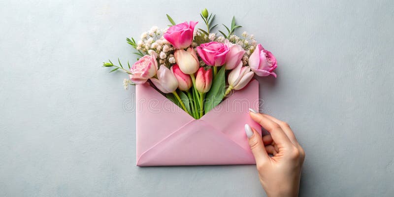 Εύθραυστη διάταξη με άνθη ελατηρίου με ροζ φάκελο και θηλυκό χέρι Λεπτομέρεια Όμορφη Παστέλ Άνοιξη απεικόνιση αποθεμάτων
