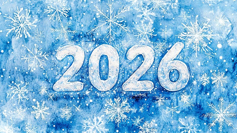 Εύθραυστη υδατογραφία των Χριστουγέννων 2026 με λαμπερό μπλε με περίπλοκες νιφάδες χιονιού. Έννοια του εορταστικού εορταστικού χει στοκ εικόνες
