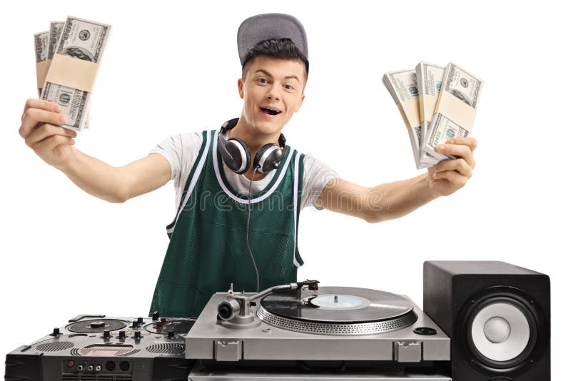 Εύθυμο εφηβικό DJ με τις δέσμες των χρημάτων στοκ εικόνες