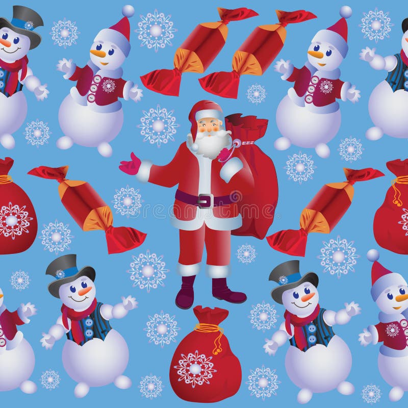 Εύθυμοι χιονάνθρωποι και Santa με τα δώρα διανυσματική απεικόνιση