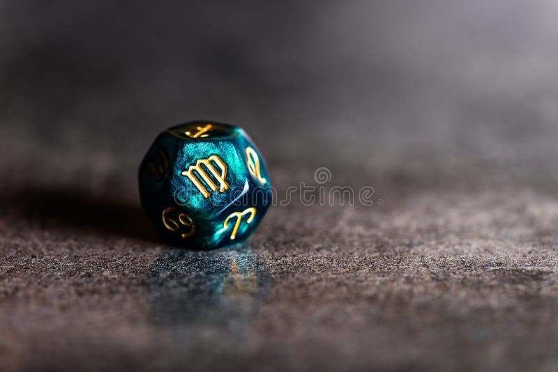 Astrology Dice with zodiac symbol of Virgo Aug 23 - Sep 22 on dark background. Astrology Dice with zodiac symbol of Virgo Aug 23 - Sep 22 on dark background