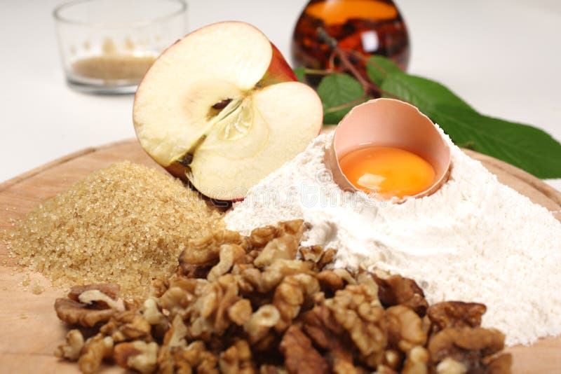 Apple sugar egg nuts and flour as a food ingredients. Apple sugar egg nuts and flour as a food ingredients