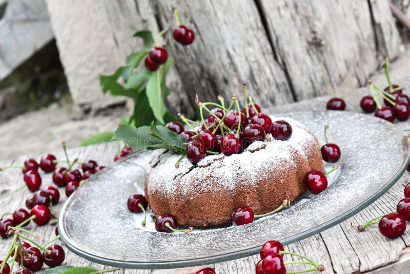 Ζάχαρη σοκολάτας και κερασιών kouglof ψεκασμένη στοκ φωτογραφία με δικαίωμα ελεύθερης χρήσης Ζάχαρη σοκολάτας και κερασιών kouglof ψεκασμένη στοκ φωτογραφία με δικαίωμα ελεύθερης χρήσης