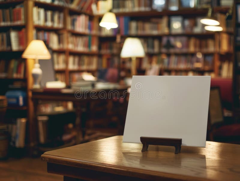 ζεστή βιβλιοθήκη με κενή πινακίδα σε ξύλινο γραφείο περιτριγυρισμένη από βιβλία στοκ φωτογραφίες με δικαίωμα ελεύθερης χρήσης