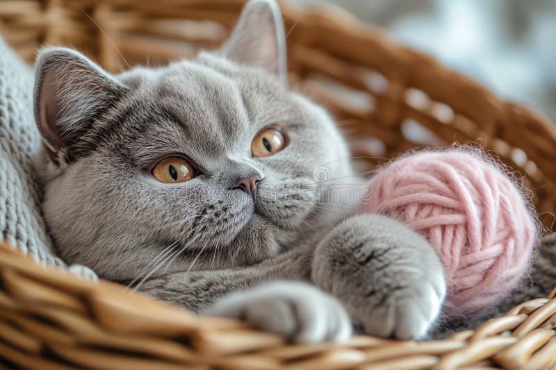 Ζεστή γαλάζια βρετανική γάτα Shorthair χαλαρώνει με ροζ μπαλάκι νήματος σε καλάθι στοκ φωτογραφία με δικαίωμα ελεύθερης χρήσης
