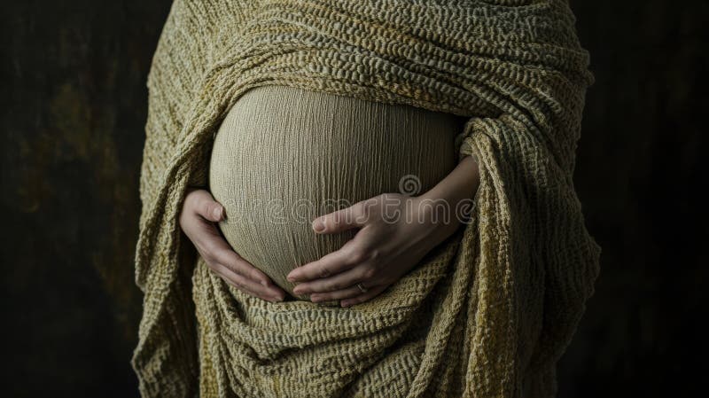 ζεστή κουβέρτα τυλίγεται απαλά γύρω από μια στρογγυλή κοιλιά ενώ τα χέρια είναι σφιχτά σε ένα ζεστό εσωτερικό περιβάλλον στοκ φωτογραφία