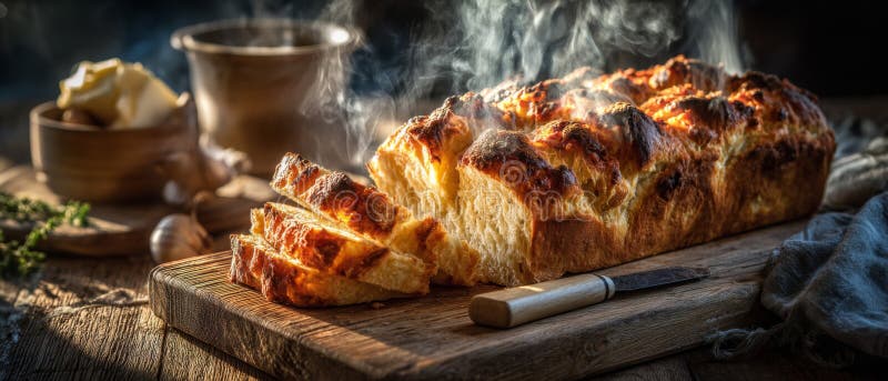 Ζεστό αχνιστό καρβέλι με χρυσό καφέ ψωμί στο Rustic Wood Board διανυσματική απεικόνιση