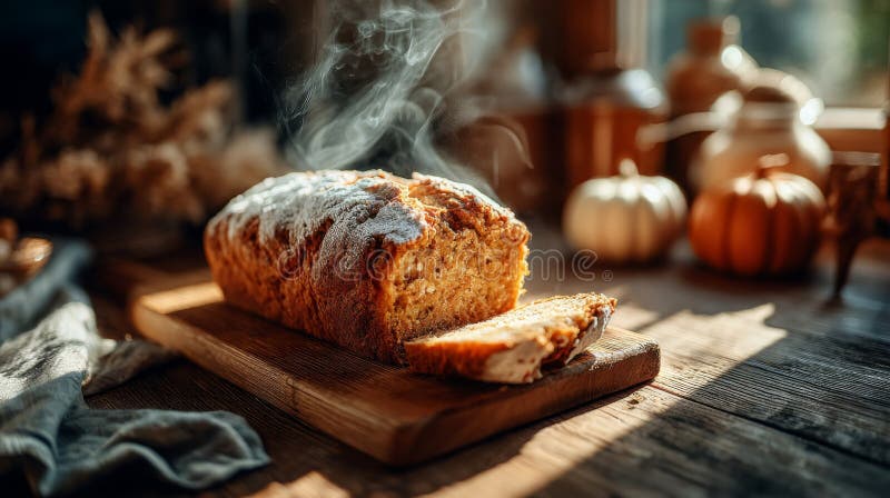 Ζεστό αχνιστό ψωμί κολοκύθας στο Rustic Wood Board απεικόνιση αποθεμάτων
