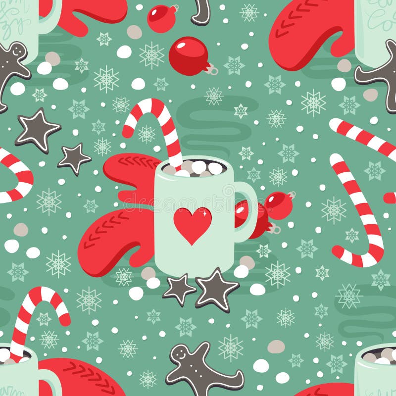 Hot cocoa chocolate winter cozy drink with red gloves and gingerbread cookies winter holiday seamless pattern. Hot cocoa chocolate winter cozy drink with red gloves and gingerbread cookies winter holiday seamless pattern