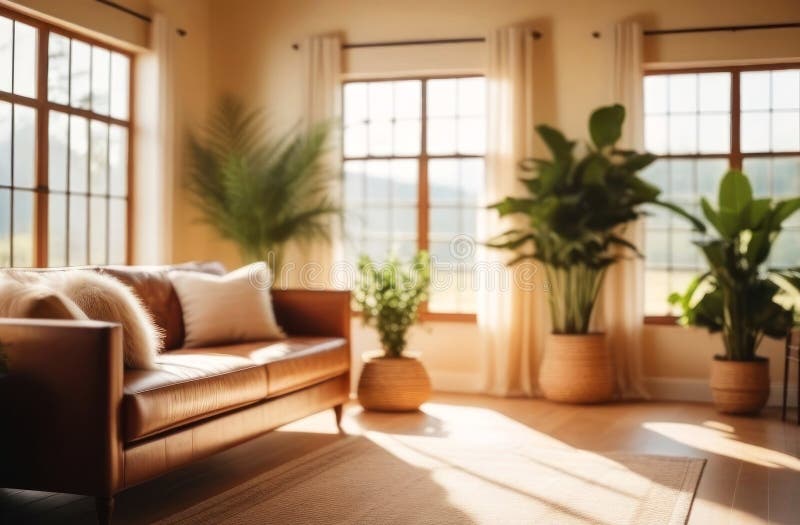 Warm sunlight bathes a cozy living room, highlighting a plush leather sofa that invites relaxation. Serenity meets style in this peaceful interior setting, captured in a moment of afternoon tranquility. Generated AI. Warm sunlight bathes a cozy living room, highlighting a plush leather sofa that invites relaxation. Serenity meets style in this peaceful interior setting, captured in a moment of afternoon tranquility. Generated AI