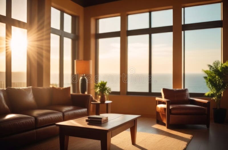 Warm sunlight bathes a cozy living room, highlighting a plush leather sofa that invites relaxation. Serenity meets style in this peaceful interior setting, captured in a moment of afternoon tranquility. Generated AI. Warm sunlight bathes a cozy living room, highlighting a plush leather sofa that invites relaxation. Serenity meets style in this peaceful interior setting, captured in a moment of afternoon tranquility. Generated AI