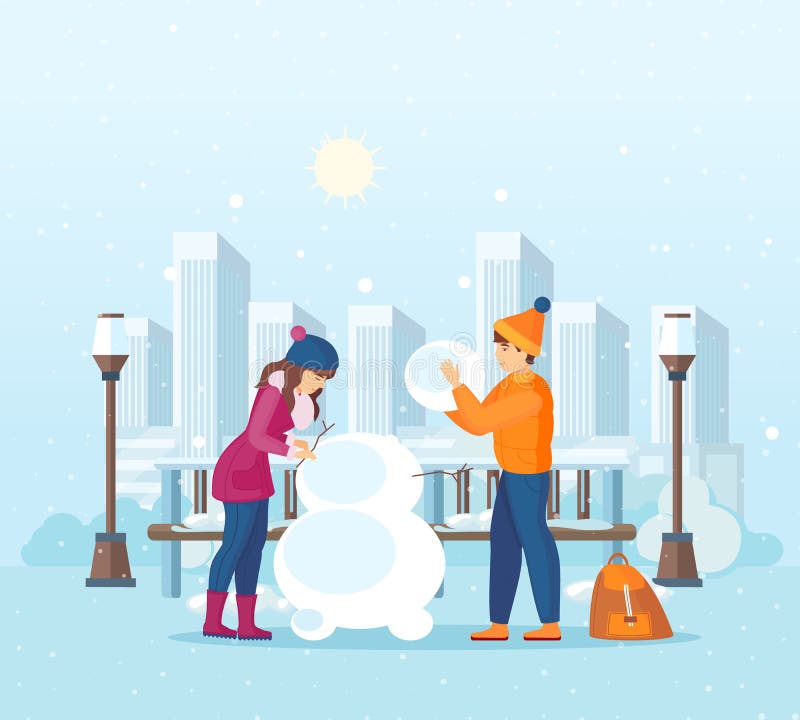Vacation winter activity young. Couple together in clothes has romantic winter vacation time. Couple of young man and woman sculpt snowman. Happy people lead an active lifestyle cartoon vector. Vacation winter activity young. Couple together in clothes has romantic winter vacation time. Couple of young man and woman sculpt snowman. Happy people lead an active lifestyle cartoon vector