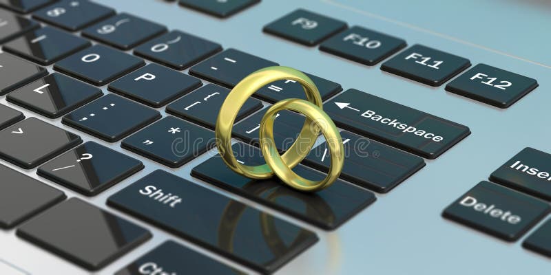 Ζευγάρι των χρυσών γαμήλιων δαχτυλιδιών που απομονώνονται στο πληκτρολόγιο lap-top υπολογιστών, τρισδιάστατη απεικόνιση απεικόνιση αποθεμάτων