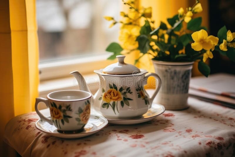 ζεύγος teacups και χόρτο σε ένα ζεστό απόγευμα απεικόνιση αποθεμάτων