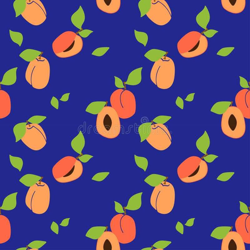 Vector seamless pattern with apricot pulp, peaches. dark blue background. Trendy hand drawn textures. Modern abstract design for paper, cover, fabric, interior decor and other users. Vector seamless pattern with apricot pulp, peaches. dark blue background. Trendy hand drawn textures. Modern abstract design for paper, cover, fabric, interior decor and other users.