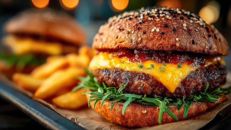 Ζουμερό τσίζμπεργκερ με λιωμένες ντομάτες cheddar και sesame bun που σερβίρεται με χρυσές πατάτες στοκ εικόνες