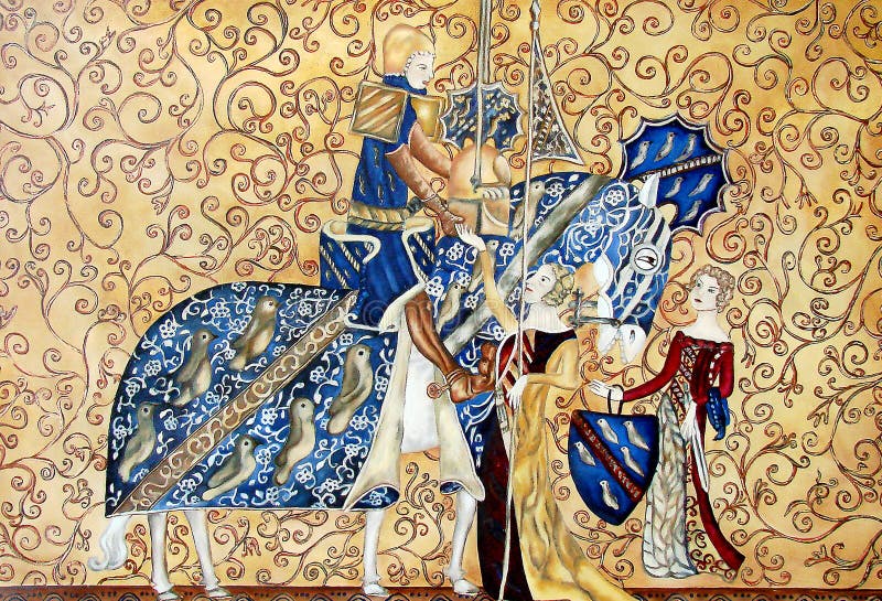 Ζωγραφική Medival του βασιλιά και της βασίλισσας με το μπλε άλογο ελεύθερη απεικόνιση δικαιώματος Ζωγραφική Medival του βασιλιά και της βασίλισσας με το μπλε άλογο ελεύθερη απεικόνιση δικαιώματος