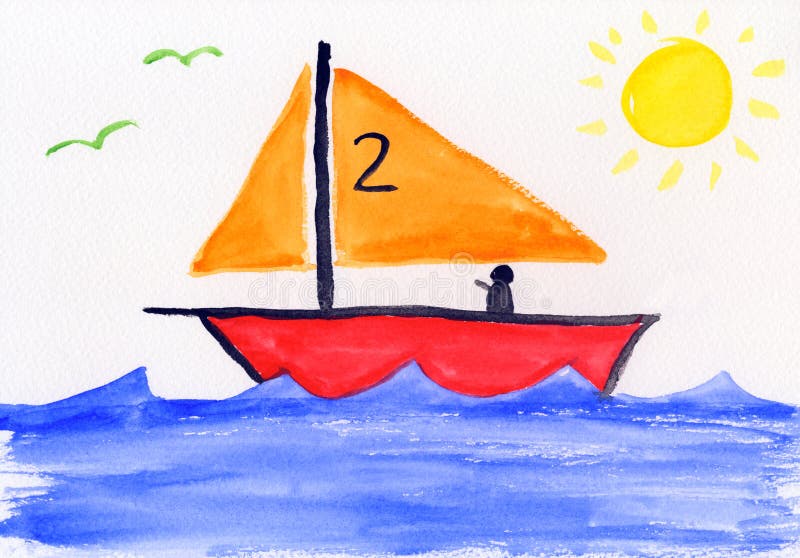 A child's watercolor painting of a yacht on the sea. A child's watercolor painting of a yacht on the sea.