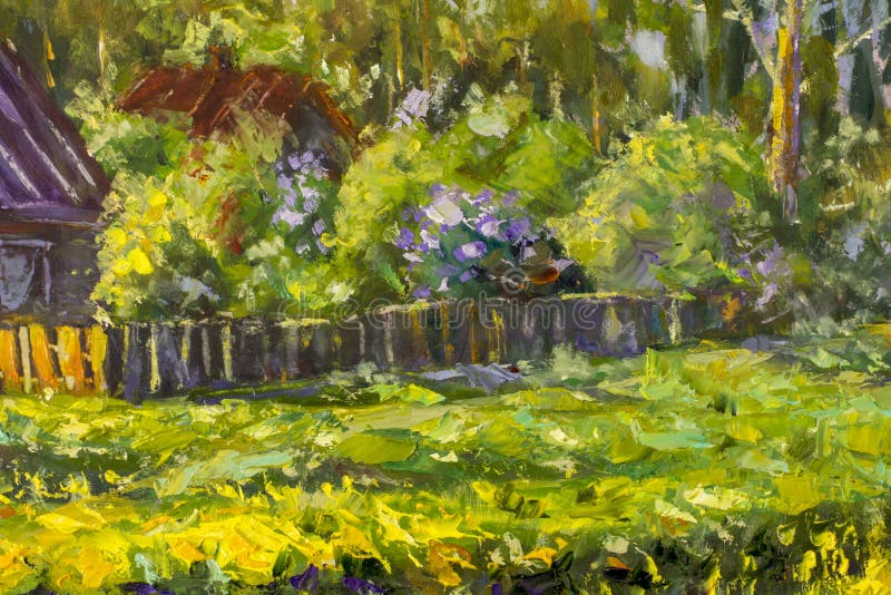 Summer rural landscape painting with oil. Fragment of painting. Sunny rural landscape, sunny green trees, flowering grass, lilac bushes. Textured oil painting. Palette knife impressionism artwork illustration art. Summer rural landscape painting with oil. Fragment of painting. Sunny rural landscape, sunny green trees, flowering grass, lilac bushes. Textured oil painting. Palette knife impressionism artwork illustration art