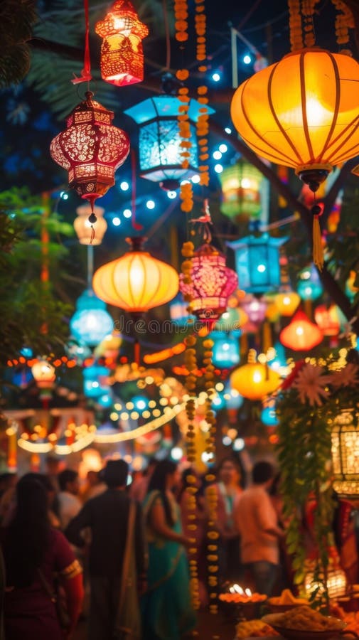 ζωηρά φεστιβάλ diwali άνθρωποι συγκέντρωσαν φανάρια και diyas φωτίζοντα παράσημα ευφράδειες χαρούμενο πνεύμα κόμματος απεικόνιση αποθεμάτων