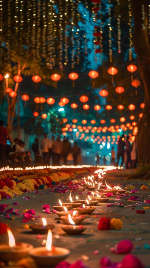 ζωηρά φεστιβάλ diwali άνθρωποι συγκέντρωσαν φανάρια και diyas φωτίζοντα παράσημα ευφράδειες χαρούμενο πνεύμα κόμματος ελεύθερη απεικόνιση δικαιώματος