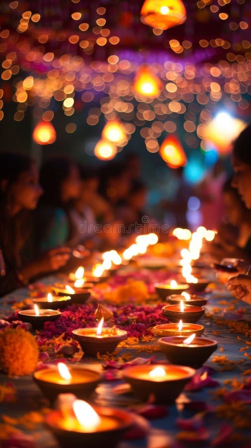 ζωηρά φεστιβάλ diwali άνθρωποι συγκέντρωσαν φανάρια και diyas φωτίζοντα παράσημα ευφράδειες χαρούμενο πνεύμα κόμματος απεικόνιση αποθεμάτων