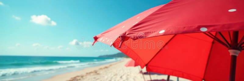 Ζωηρές κόκκινες ομπρέλες κουκκίδες σε μια ηλιόλουστη παραλία κοντά και πλατιά φωτογραφίες ωκεανός παράδεισος ελεύθερη απεικόνιση δικαιώματος