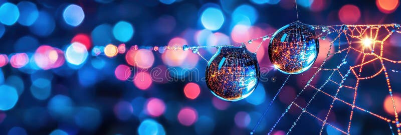 Ζωηρές σταγόνες στο Spiderweb Αφηρημένο Έγχρωμο Bokeh Φόντο Νυχτερινή φωτογραφία Μακροσκοπική φύση Κόκκινο ελεύθερη απεικόνιση δικαιώματος