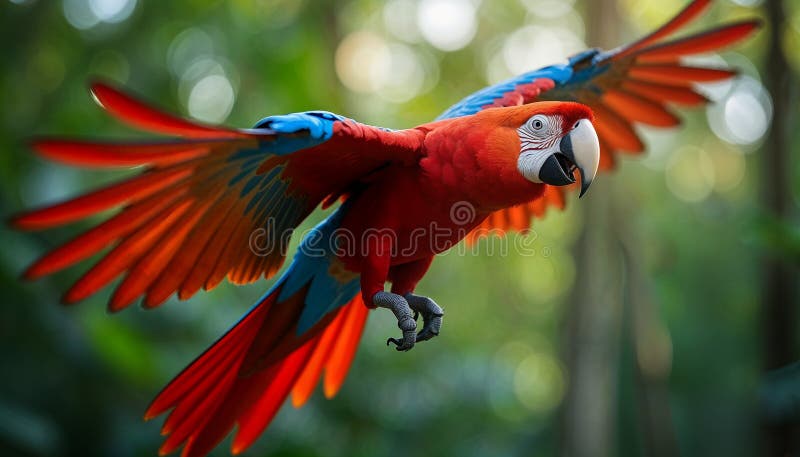 ζωηρό σκαρφαλωτό macaw που γλιστράει μέσα από την πράσινη πανιά της ζούγκλας απεικόνιση αποθεμάτων