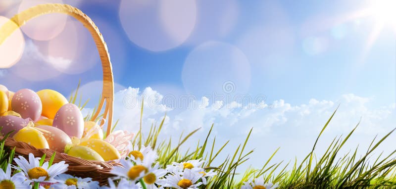 Ζωηρόχρωμα αυγά Πάσχας με τα λουλούδια στη χλόη στο μπλε στοκ φωτογραφίες