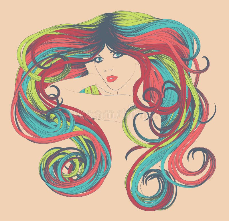 Woman with curly and brightly colored long rainbow hair. Woman with curly and brightly colored long rainbow hair