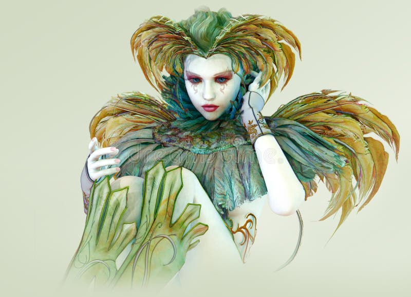 3D computer graphics of a harlequin with colorful feather jewelry. 3D computer graphics of a harlequin with colorful feather jewelry