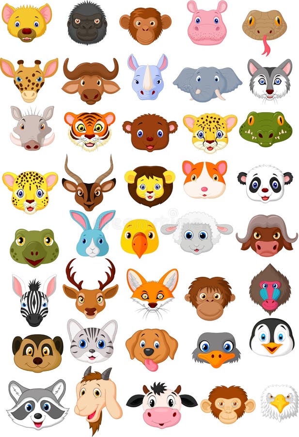 Illustration of Cartoon animal head collection set. Illustration of Cartoon animal head collection set