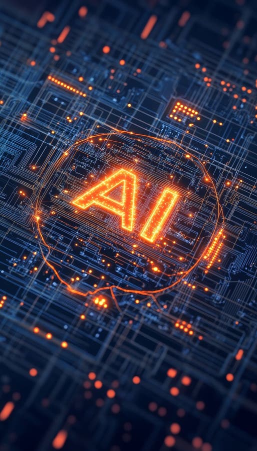 Ζωντανή σχεδίαση συμβόλων ai με φωτεινό πορτοκαλί κείμενο μέσα στα μοτίβα κυκλωμάτων και ψηφιακά στοιχεία ελεύθερη απεικόνιση δικαιώματος