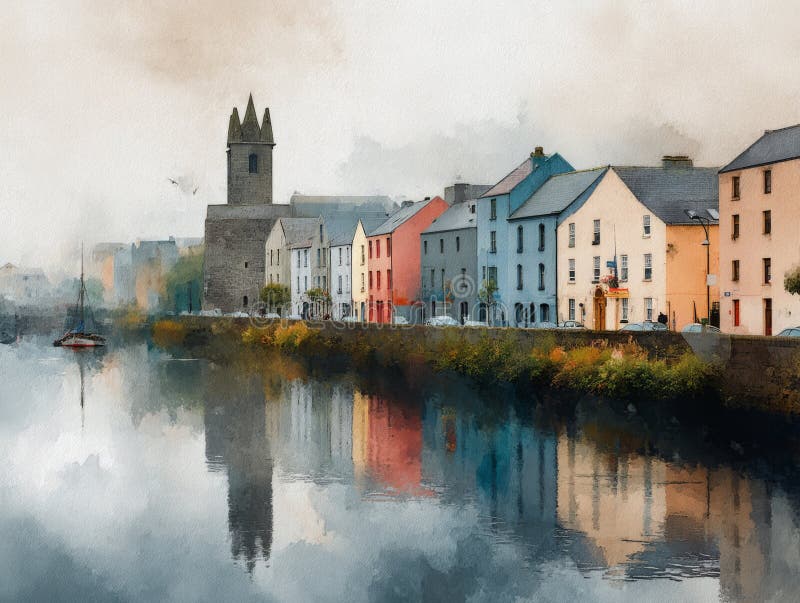 Ζωντανή υδατογραφία του Galway Cityscape στο Sunset απεικόνιση αποθεμάτων