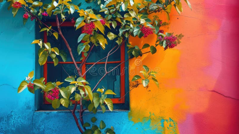 Brightly painted window frame with a flowering tree against a colorful wall backdrop. Brightly painted window frame with a flowering tree against a colorful wall backdrop