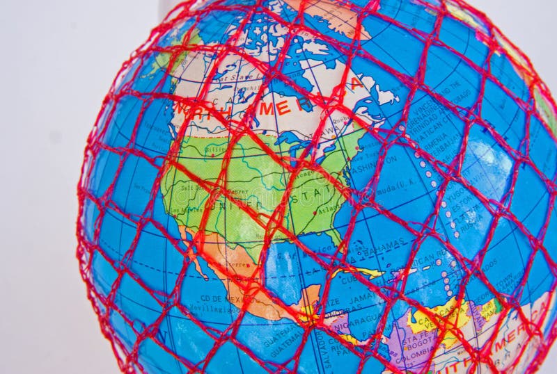 A macro image of the globe covered by a red mesh representing the inter-connections of the world wide web and internet. The globe is shown on a plain bright background and the United States of America and Canada are shown prominently . A macro image of the globe covered by a red mesh representing the inter-connections of the world wide web and internet. The globe is shown on a plain bright background and the United States of America and Canada are shown prominently .