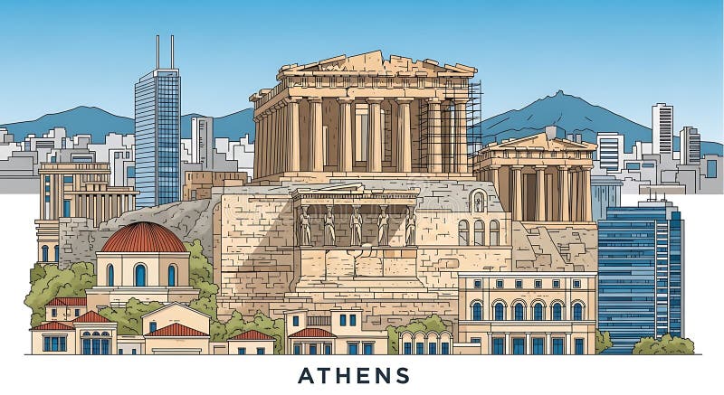 Η απεικόνιση απεικονίζει την Αθήνα να παρουσιάζει ένα μείγμα αρχαίων και σύγχρονων απεικόνιση αποθεμάτων